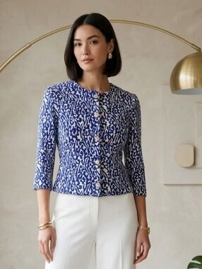 St. John Knit Stretch Patterned Button Jacket Top Blazer Blue White S
